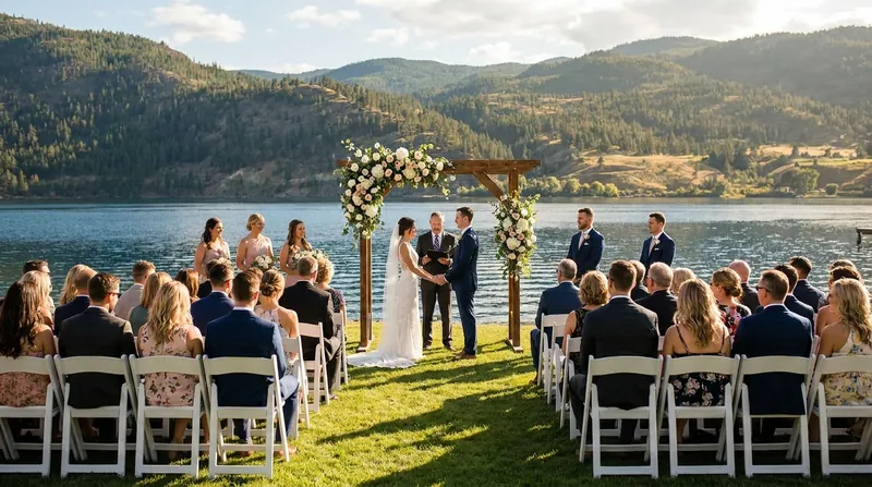 A lakeside wedding ceremony on a summer lawn, guests on white chairs facing a floral arch with the lake and hills behind