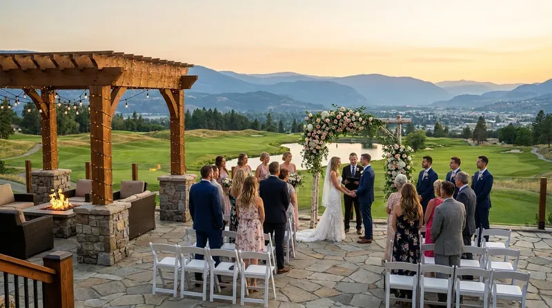 A wedding ceremony on a stone terrace with a pergola and fire pit, a floral arch, green fairways below and mountain ranges at sunset