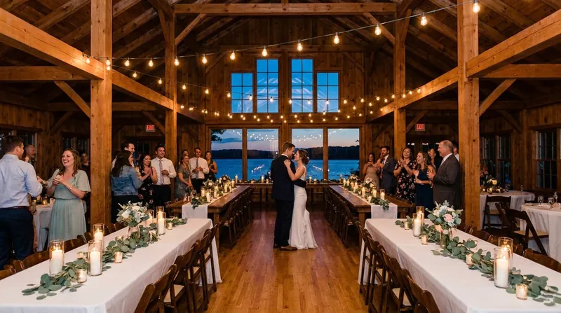 A couple sharing a first dance in a wooden hall under string lights, with candlelit tables and a lake at dusk through the windows
