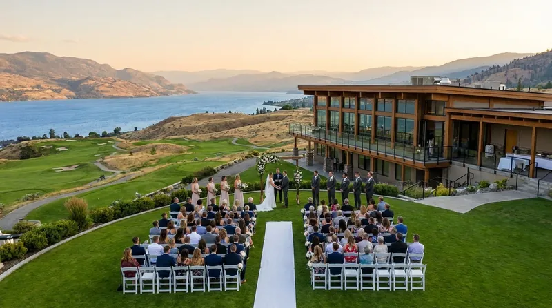An outdoor wedding ceremony on a hillside lawn beside a modern clubhouse, with golf fairways and Okanagan Lake far below