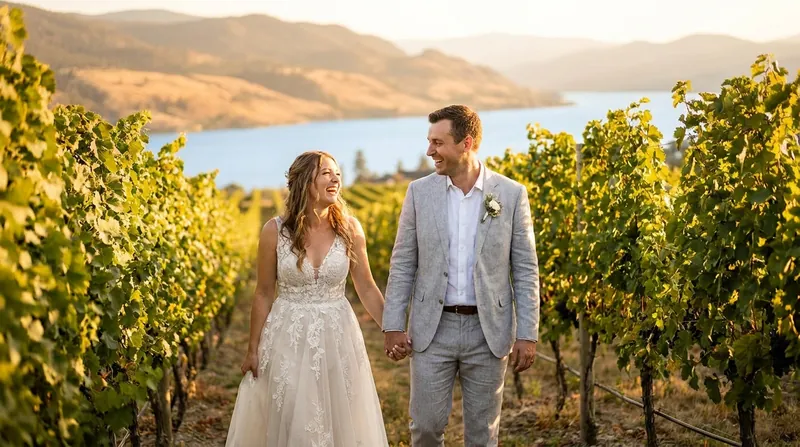 A bride and groom walking hand in hand between grapevines above a blue Okanagan lake at golden hour