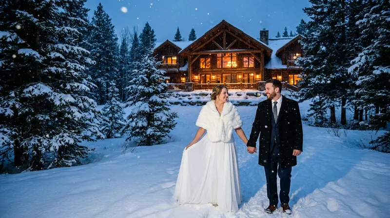 A bride in a white wrap and groom holding hands in falling snow outside a glowing mountain lodge at blue hour