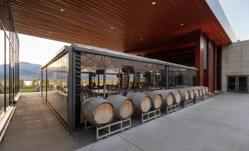 Covered patio lined with oak barrels